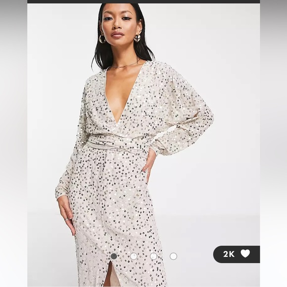 NWT ASOS DESIGN midi dress with batwing sleeve and wrap waist in scatter sequin - Picture 5 of 14